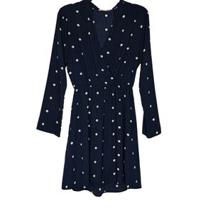 All in Favor Dress M Navy Polka Dot Faux Wrap Long Sleeve White Size Medium
